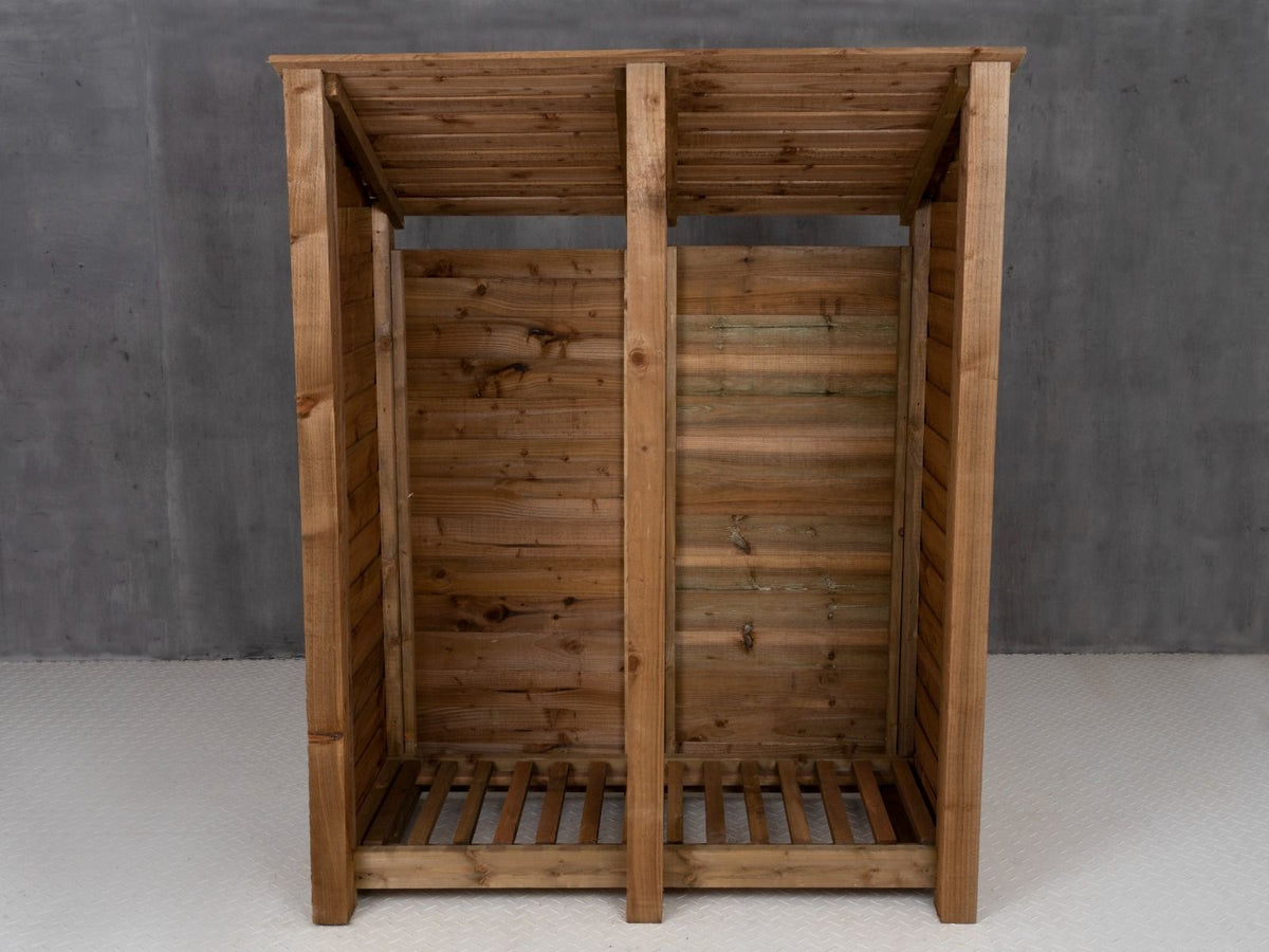 Wooden Log Store (Roof Sloping Back) W-146cm, H-126cm or 180cm, D-88cm - Brown Finish - SGP Garden Ltd