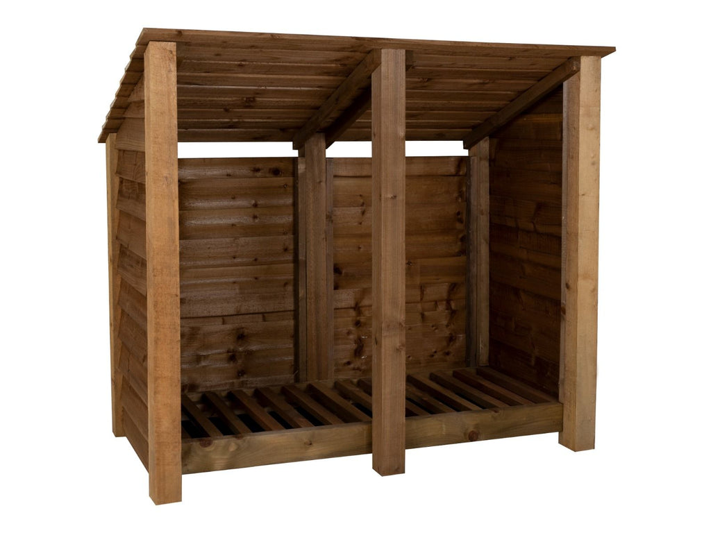 Wooden Log Store (Roof Sloping Back) W-146cm, H-126cm or 180cm, D-88cm - Brown Finish - SGP Garden Ltd