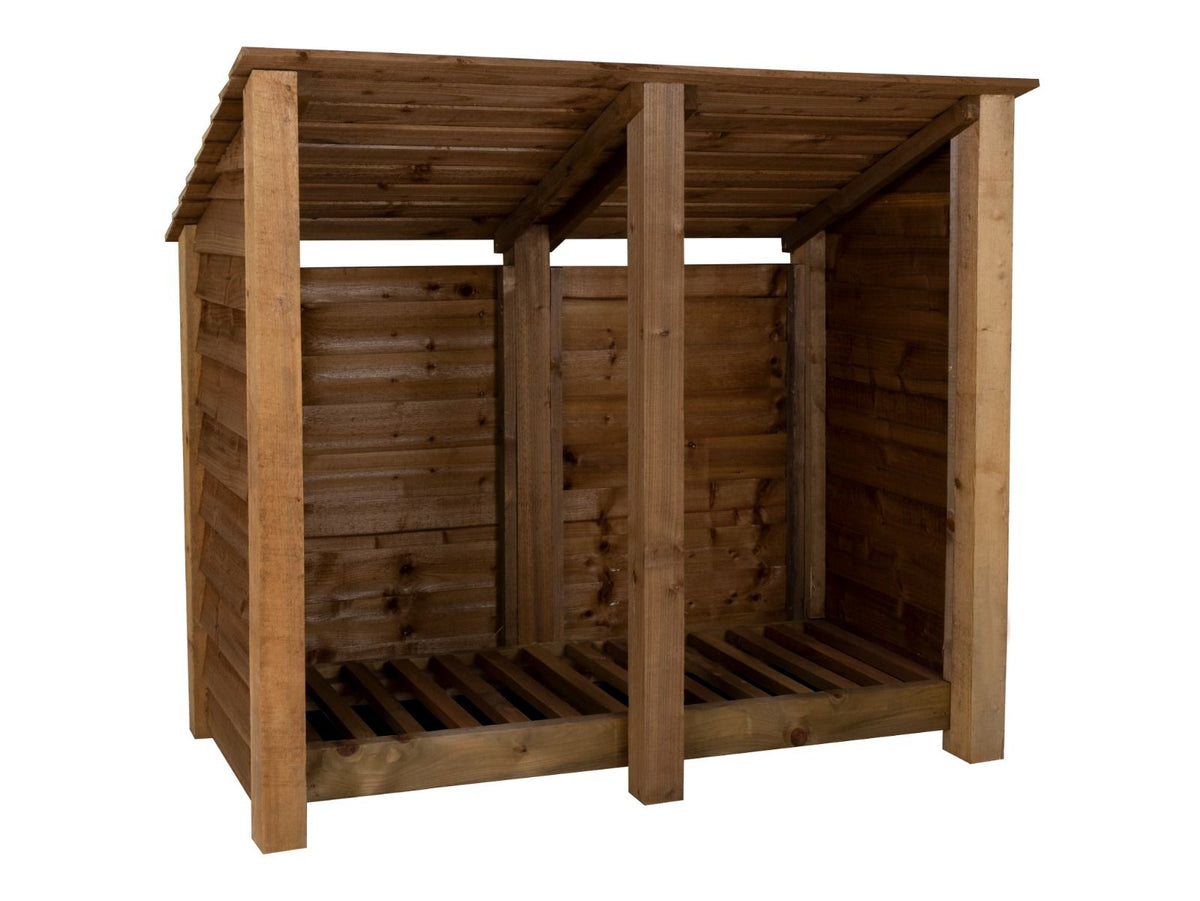Wooden Log Store (Roof Sloping Back) W-146cm, H-126cm or 180cm, D-88cm - Brown Finish - SGP Garden Ltd