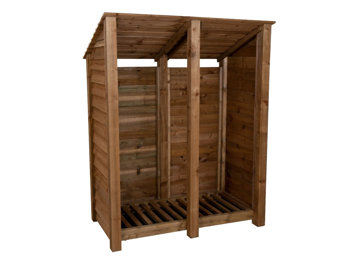 Wooden Log Store (Roof Sloping Back) W-146cm, H-126cm or 180cm, D-88cm - Brown Finish - SGP Garden Ltd