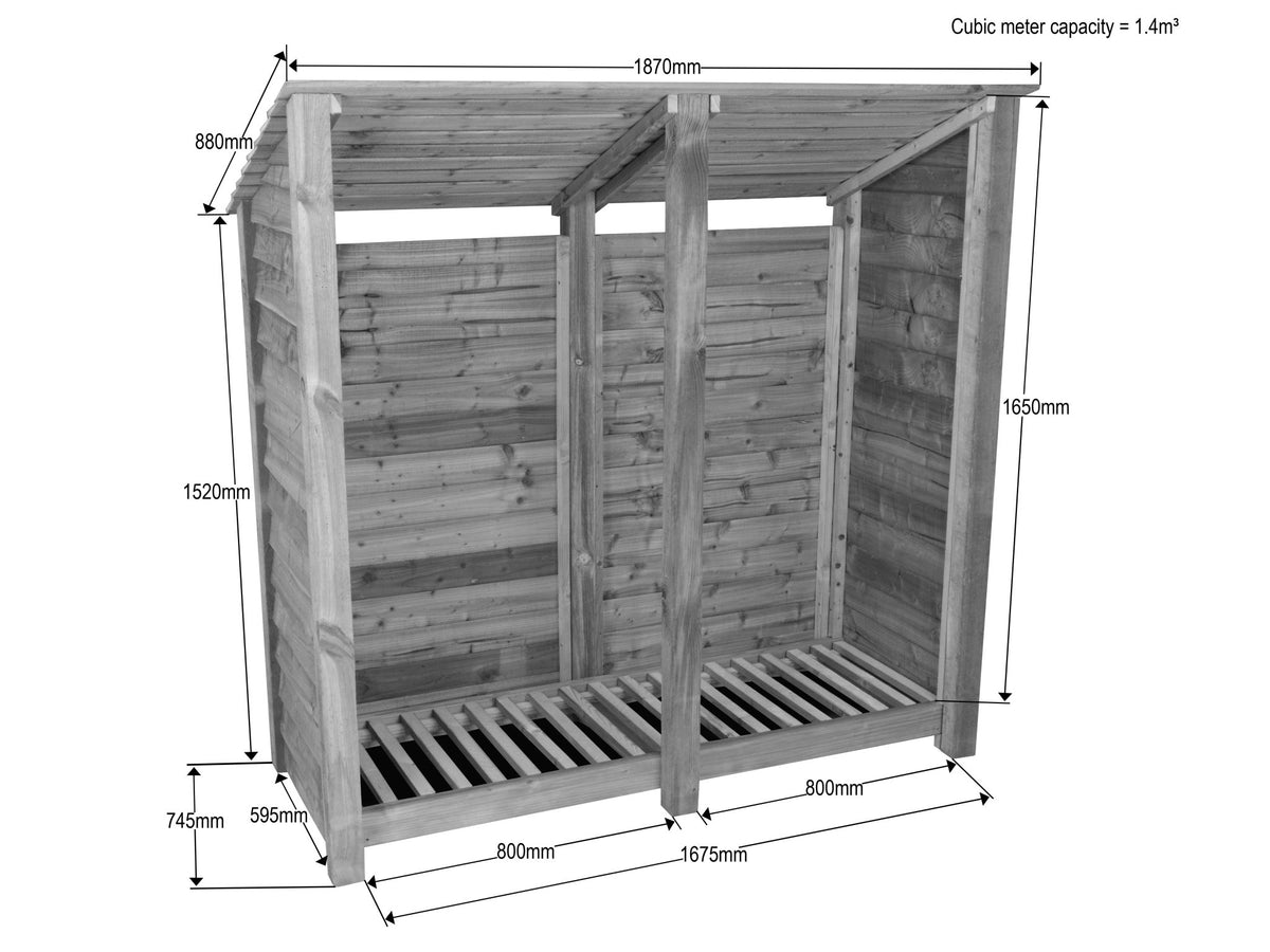 Wooden Log Store (Roof Sloping Back) W-187cm, H-126cm or 180cm, D-88cm - SGP Garden Ltd