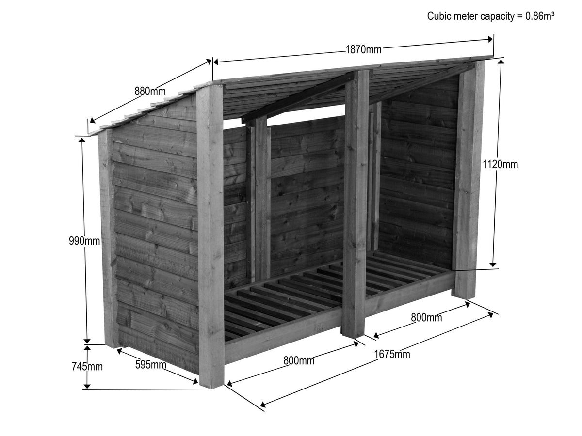 Wooden Log Store (Roof Sloping Back) W-187cm, H-126cm or 180cm, D-88cm - SGP Garden Ltd