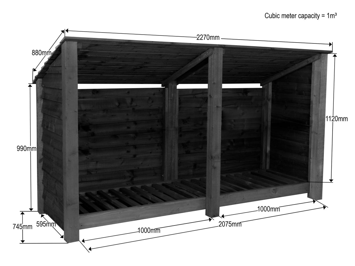 Wooden Log Store (Roof Sloping Back) W-227cm, H-126cm or 180cm, D-88cm - SGP Garden Ltd