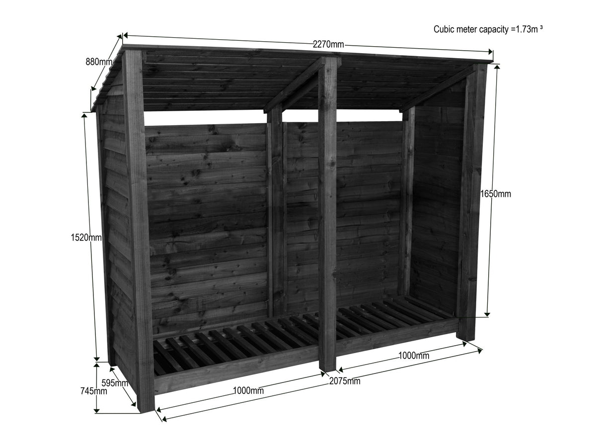 Wooden Log Store (Roof Sloping Back) W-227cm, H-126cm or 180cm, D-88cm - SGP Garden Ltd