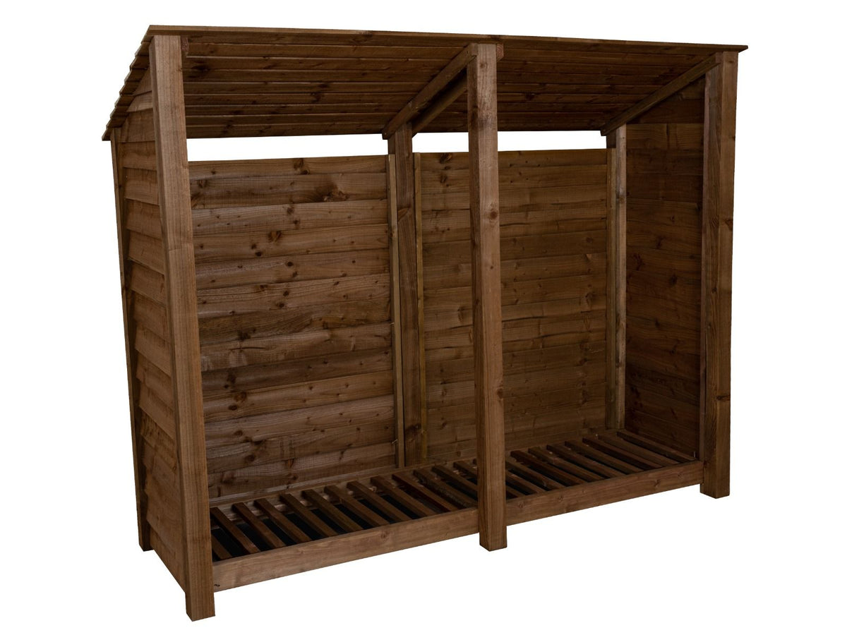 Wooden Log Store (Roof Sloping Back) W-227cm, H-126cm or 180cm, D-88cm - Brown Finish - SGP Garden Ltd