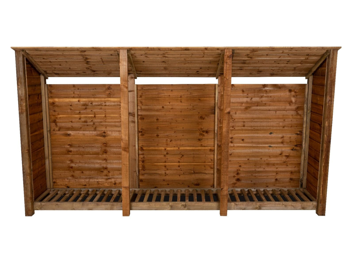 Wooden Log Store (Roof Sloping Back) W-335cm, H-126cm or 180cm, D-88cm - Brown Finish - SGP Garden Ltd