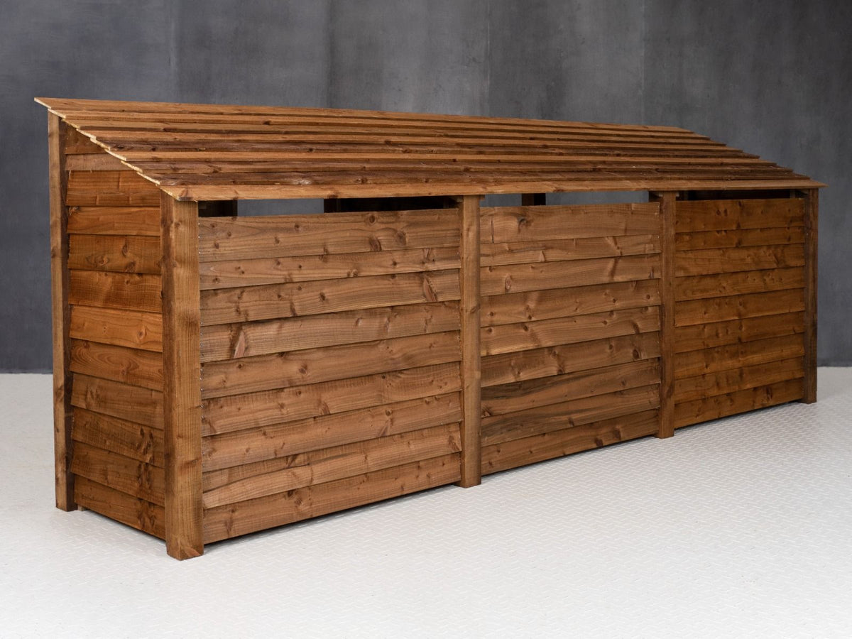 Wooden Log Store (Roof Sloping Back) W-335cm, H-126cm or 180cm, D-88cm - Brown Finish - SGP Garden Ltd