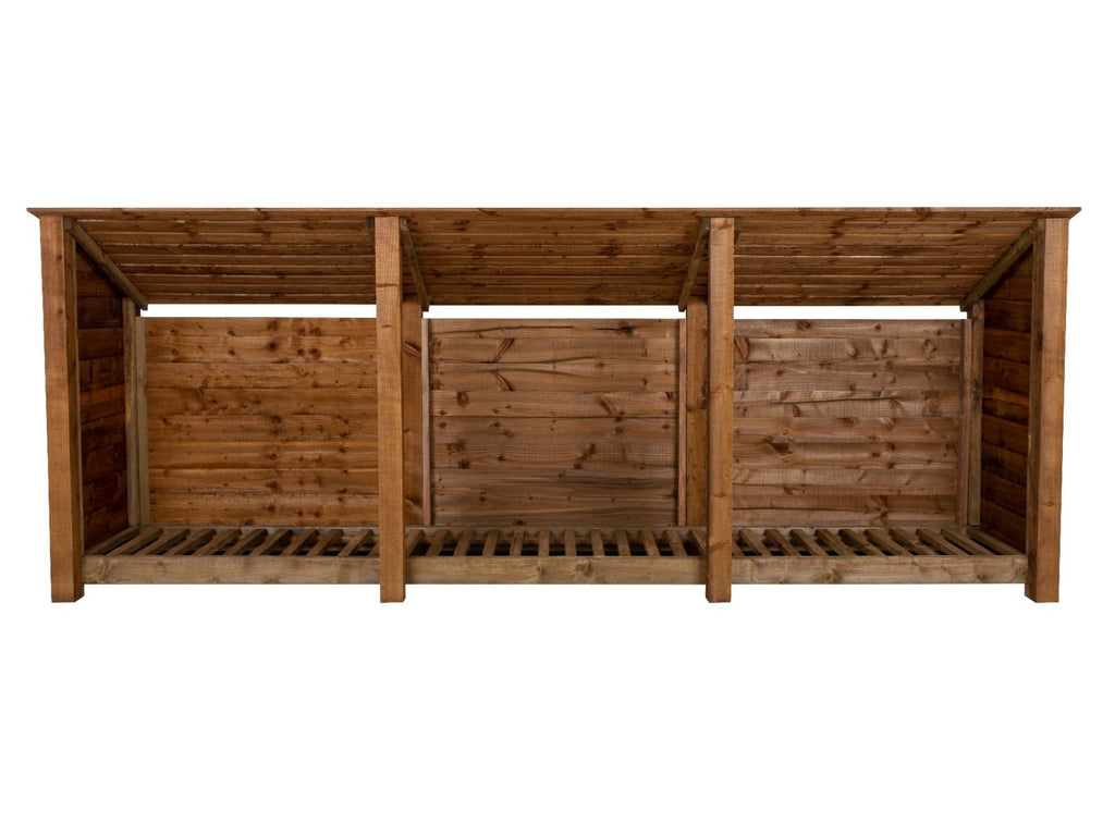 Wooden Log Store (Roof Sloping Back) W-335cm, H-126cm or 180cm, D-88cm - Brown Finish - SGP Garden Ltd