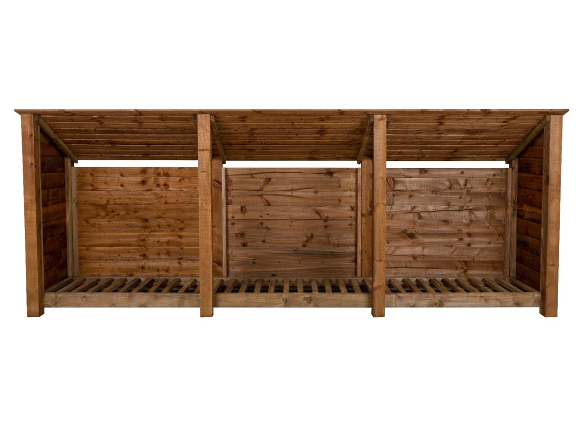 Wooden Log Store (Roof Sloping Back) W-335cm, H-126cm or 180cm, D-88cm - Brown Finish - SGP Garden Ltd