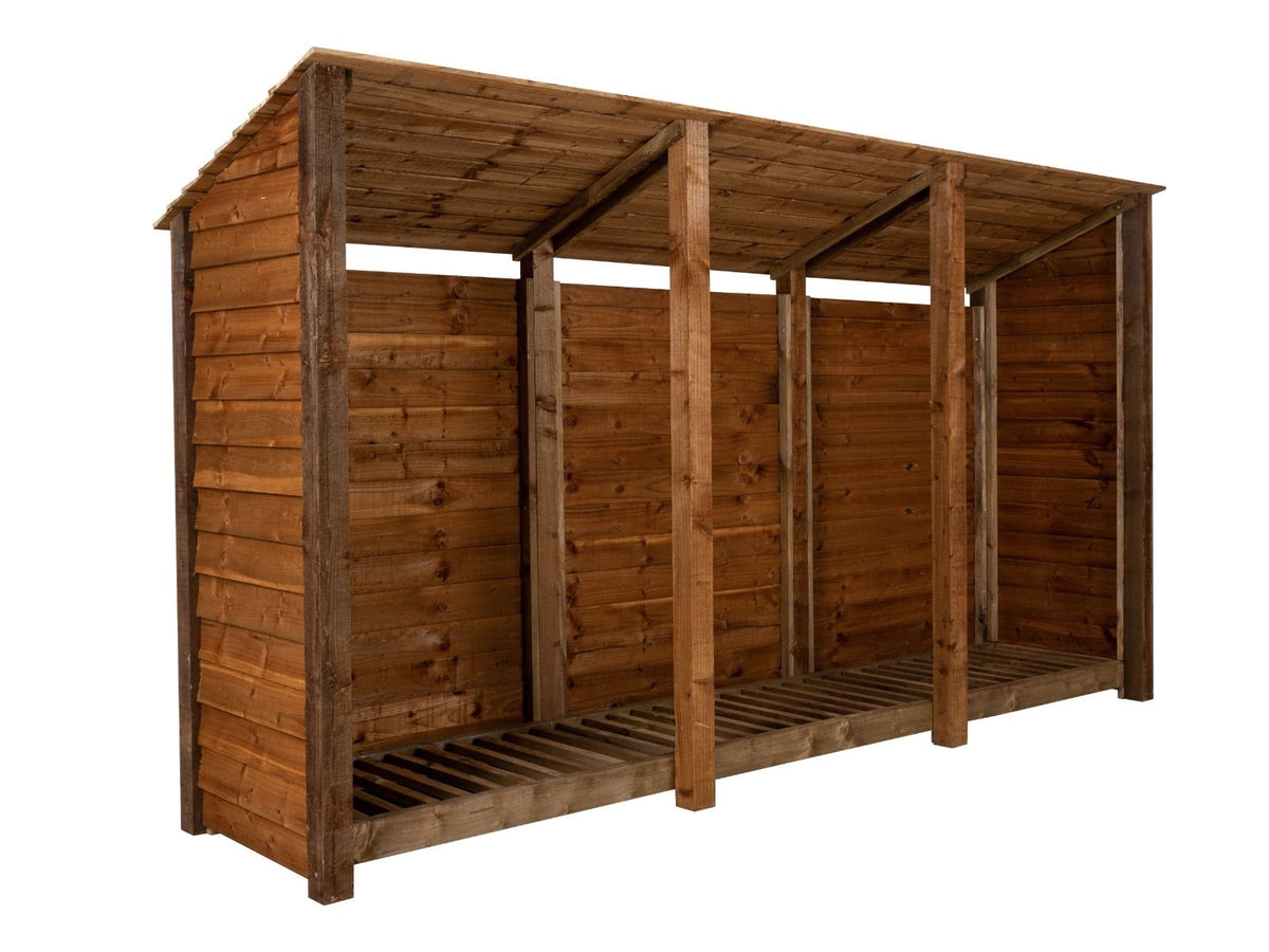 Wooden Log Store (Roof Sloping Back) W-335cm, H-126cm or 180cm, D-88cm - Brown Finish - SGP Garden Ltd