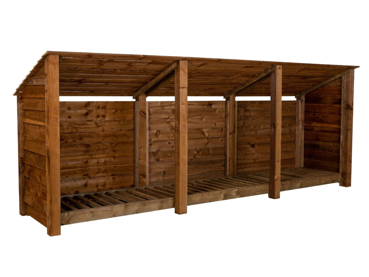 Wooden Log Store (Roof Sloping Back) W-335cm, H-126cm or 180cm, D-88cm - Brown Finish - SGP Garden Ltd