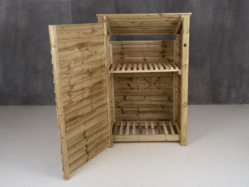 Wooden Log Store (Roof Sloping Back) with Door and Shelf W-119cm, H-126cm Or 180cm, D-88cm - SGP Garden Ltd