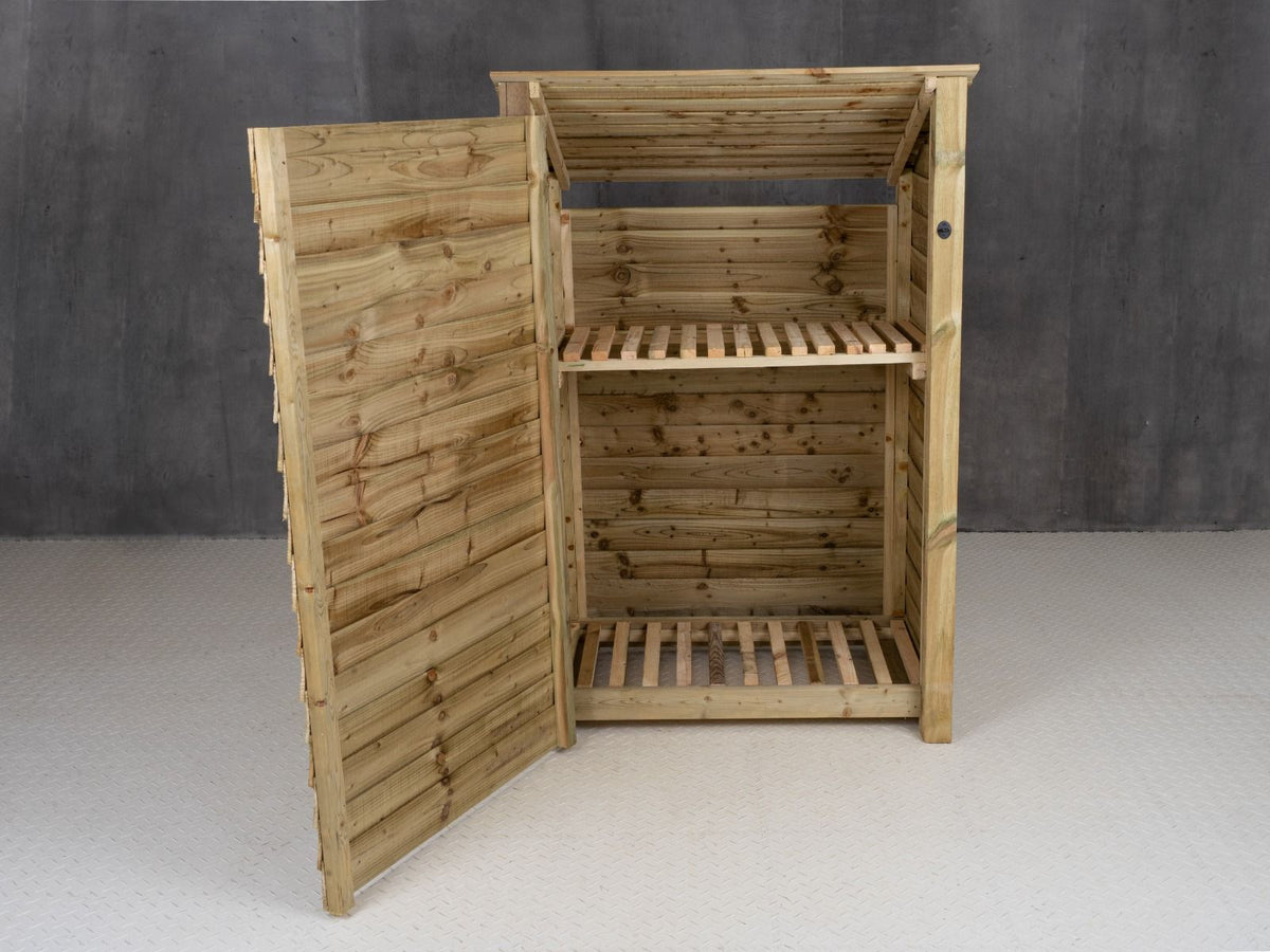 Wooden Log Store (Roof Sloping Back) with Door and Shelf W-119cm, H-126cm Or 180cm, D-88cm - SGP Garden Ltd