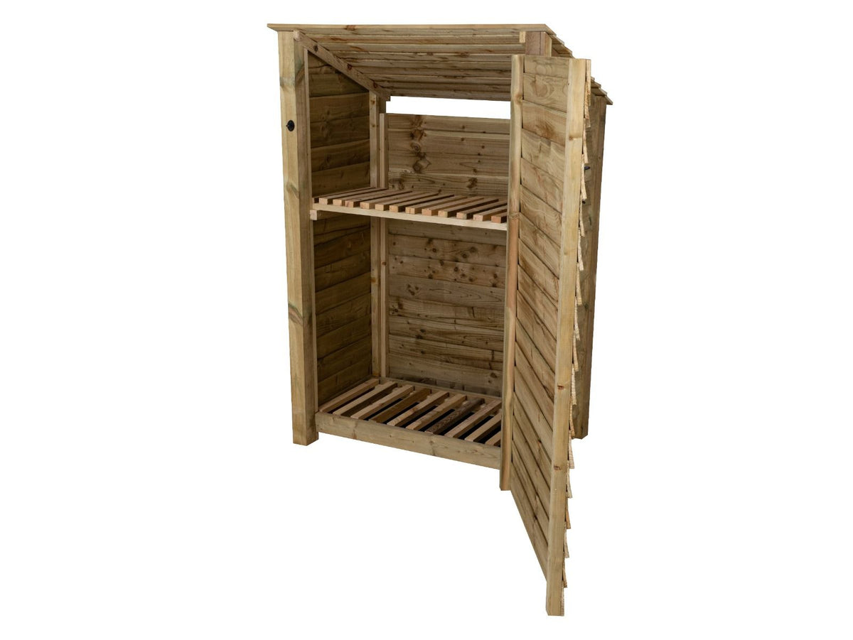 Wooden Log Store (Roof Sloping Back) with Door and Shelf W-119cm, H-126cm Or 180cm, D-88cm - SGP Garden Ltd