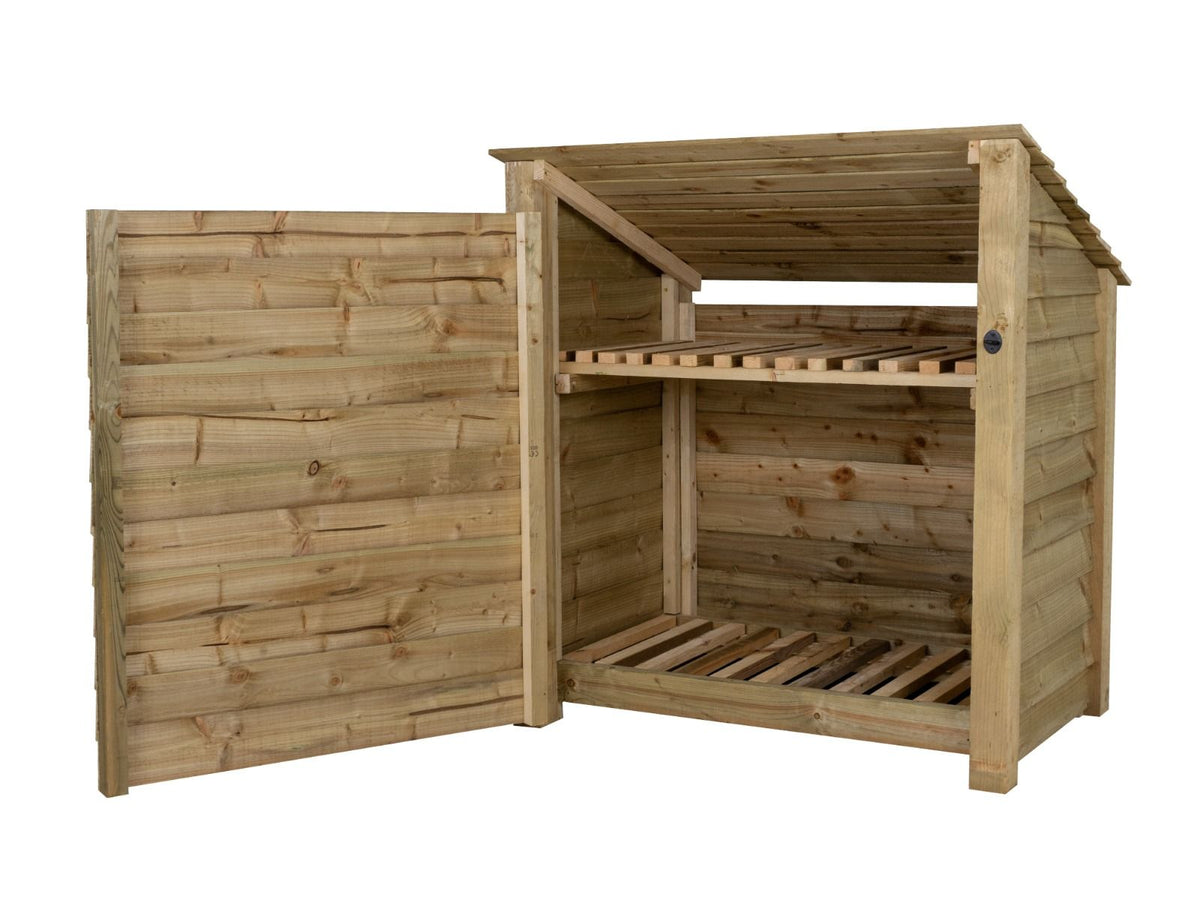 Wooden Log Store (Roof Sloping Back) with Door and Shelf W-119cm, H-126cm Or 180cm, D-88cm - SGP Garden Ltd