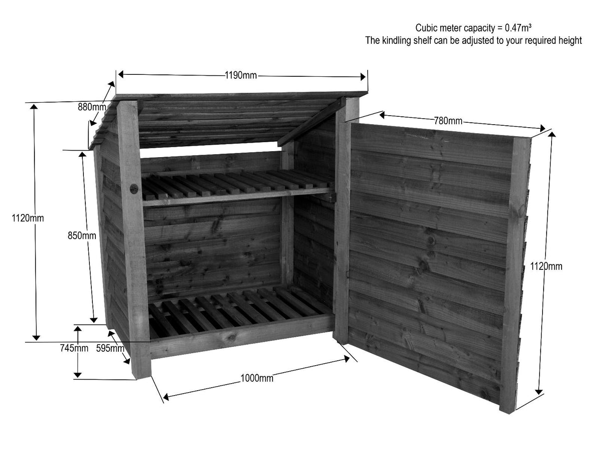 Wooden Log Store (Roof Sloping Back) with Door and Shelf W-119cm, H-126cm Or 180cm, D-88cm - SGP Garden Ltd