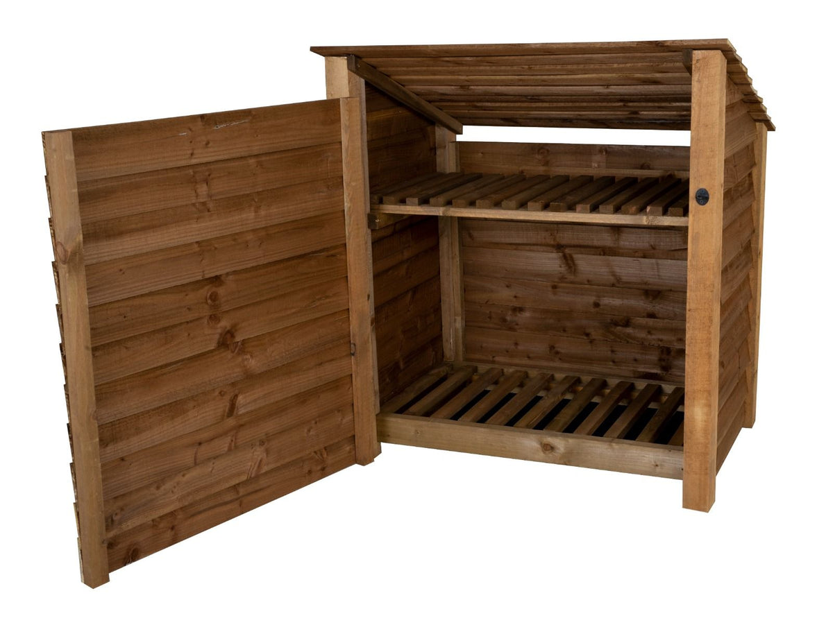 Wooden Log Store (Roof Sloping Back) with Door and Shelf W-119cm, H-126cm or 180cm, D-88cm - Brown Finish - SGP Garden Ltd