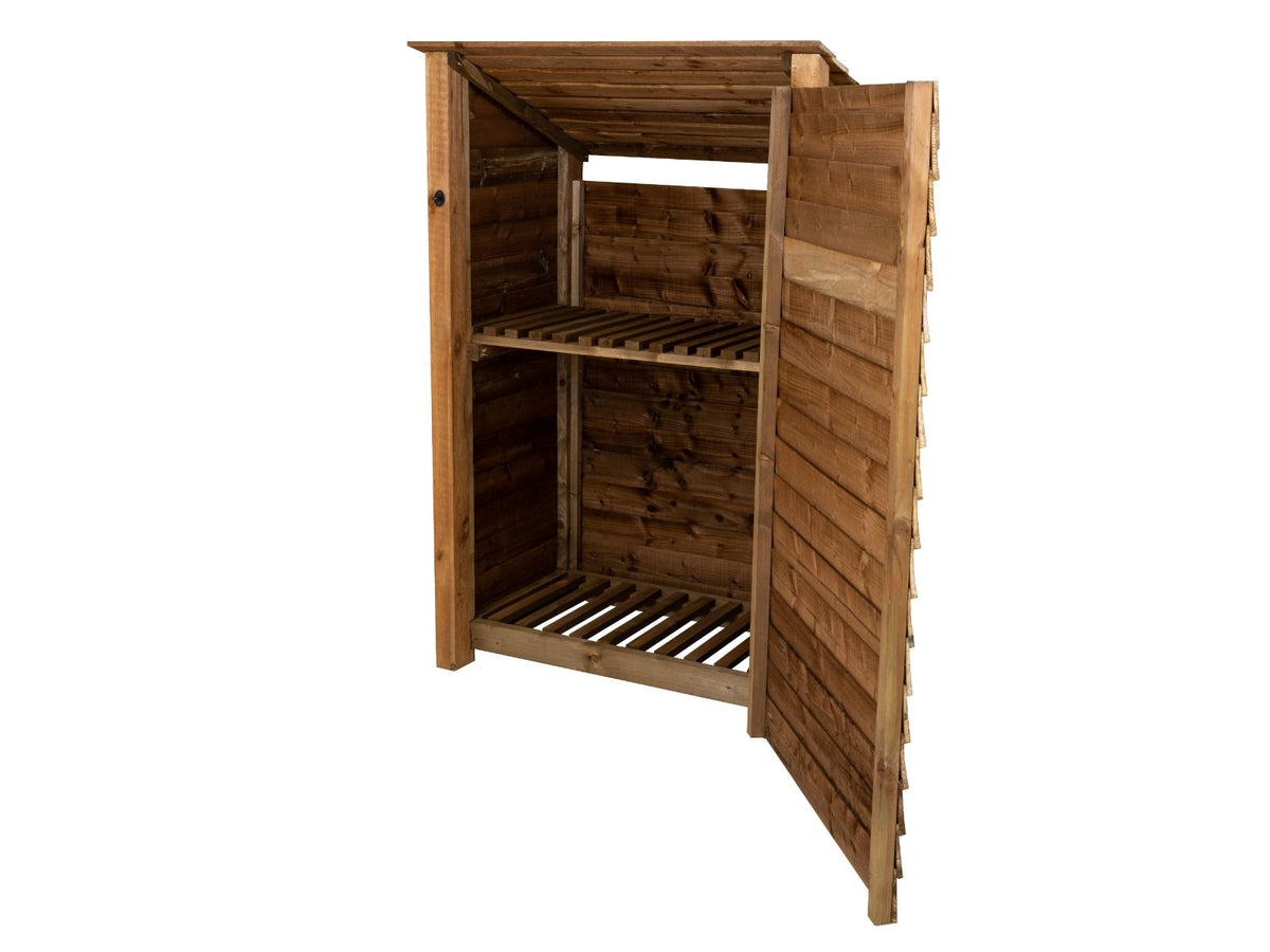 Wooden Log Store (Roof Sloping Back) with Door and Shelf W-119cm, H-126cm or 180cm, D-88cm - Brown Finish - SGP Garden Ltd