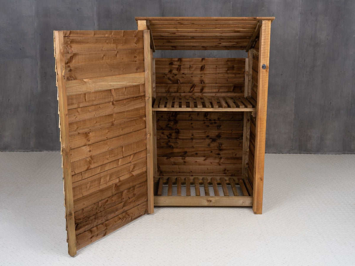 Wooden Log Store (Roof Sloping Back) with Door and Shelf W-119cm, H-126cm or 180cm, D-88cm - Brown Finish - SGP Garden Ltd
