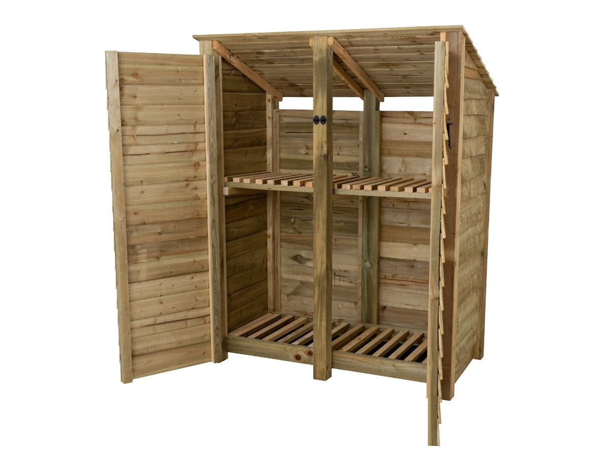 Wooden Log Store (Roof Sloping Back) with Door and Shelf W-146cm, H-126cm or 180cm, D-88cm - SGP Garden Ltd