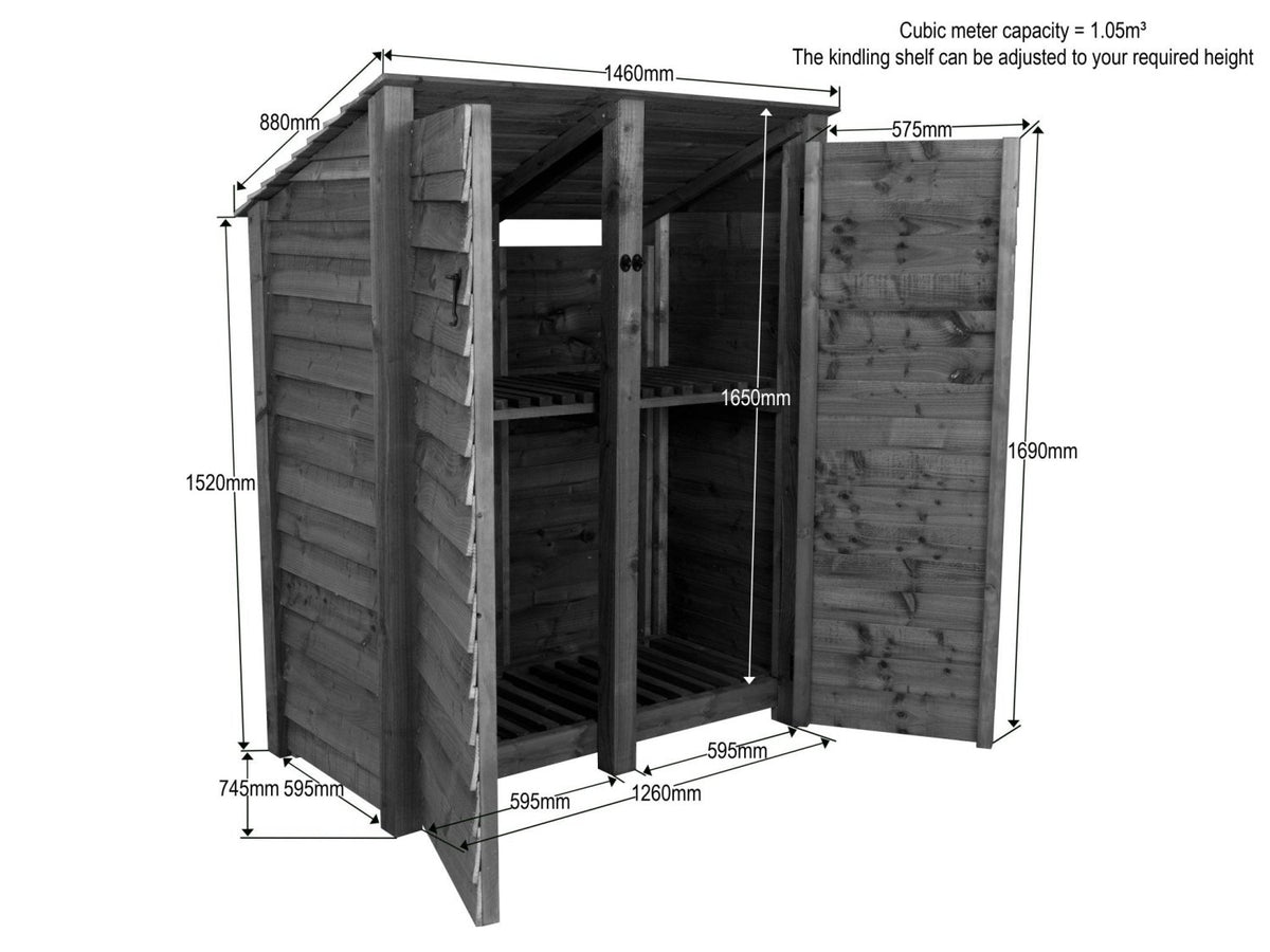 Wooden Log Store (Roof Sloping Back) with Door and Shelf W-146cm, H-126cm or 180cm, D-88cm - Brown Finish - SGP Garden Ltd