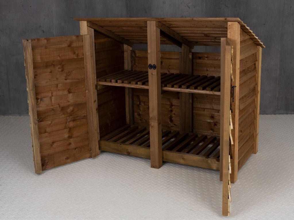 Wooden Log Store (Roof Sloping Back) with Door and Shelf W-146cm, H-126cm or 180cm, D-88cm - Brown Finish - SGP Garden Ltd