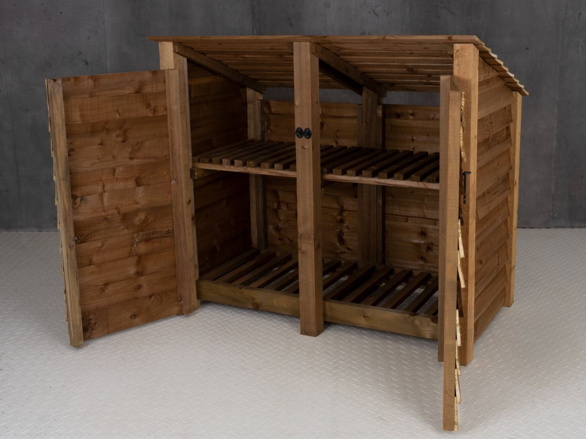 Wooden Log Store (Roof Sloping Back) with Door and Shelf W-146cm, H-126cm or 180cm, D-88cm - Brown Finish - SGP Garden Ltd