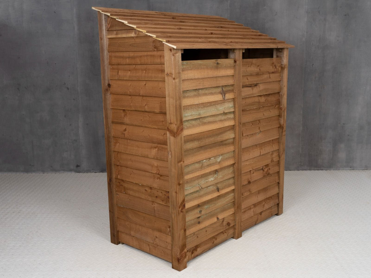Wooden Log Store (Roof Sloping Back) with Door and Shelf W-146cm, H-126cm or 180cm, D-88cm - Brown Finish - SGP Garden Ltd