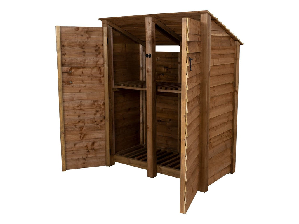 Wooden Log Store (Roof Sloping Back) with Door and Shelf W-146cm, H-126cm or 180cm, D-88cm - Brown Finish - SGP Garden Ltd