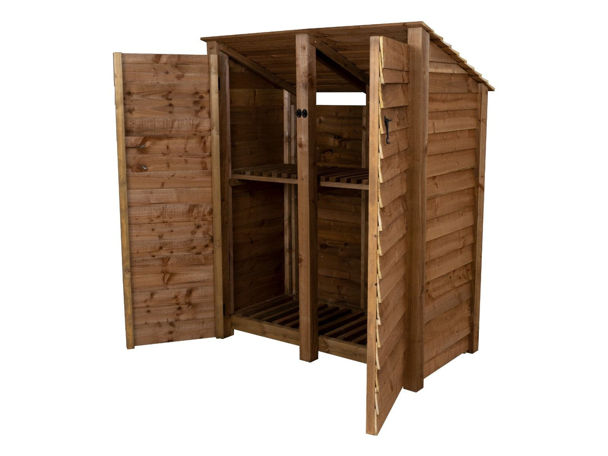 Wooden Log Store (Roof Sloping Back) with Door and Shelf W-146cm, H-126cm or 180cm, D-88cm - Brown Finish - SGP Garden Ltd