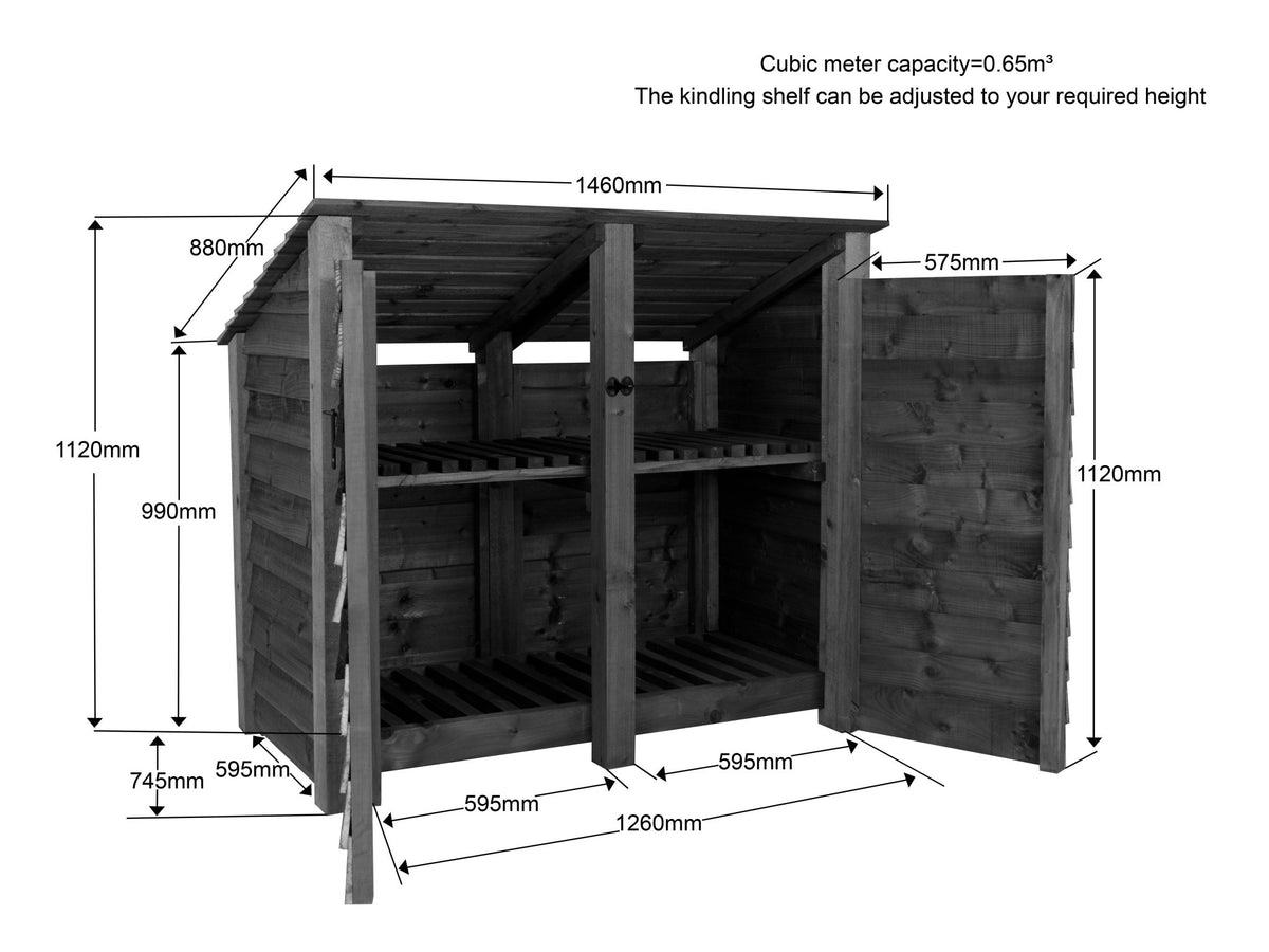 Wooden Log Store (Roof Sloping Back) with Door and Shelf W-146cm, H-126cm or 180cm, D-88cm - Brown Finish - SGP Garden Ltd