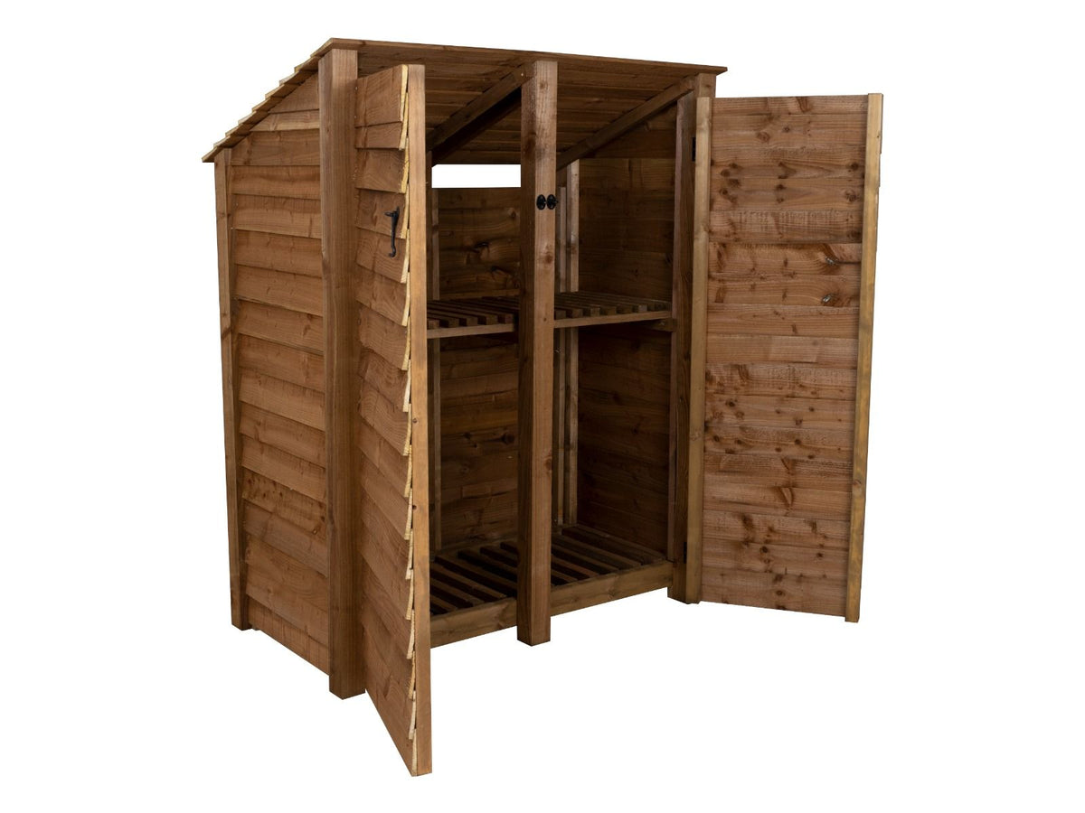 Wooden Log Store (Roof Sloping Back) with Door and Shelf W-146cm, H-126cm or 180cm, D-88cm - Brown Finish - SGP Garden Ltd