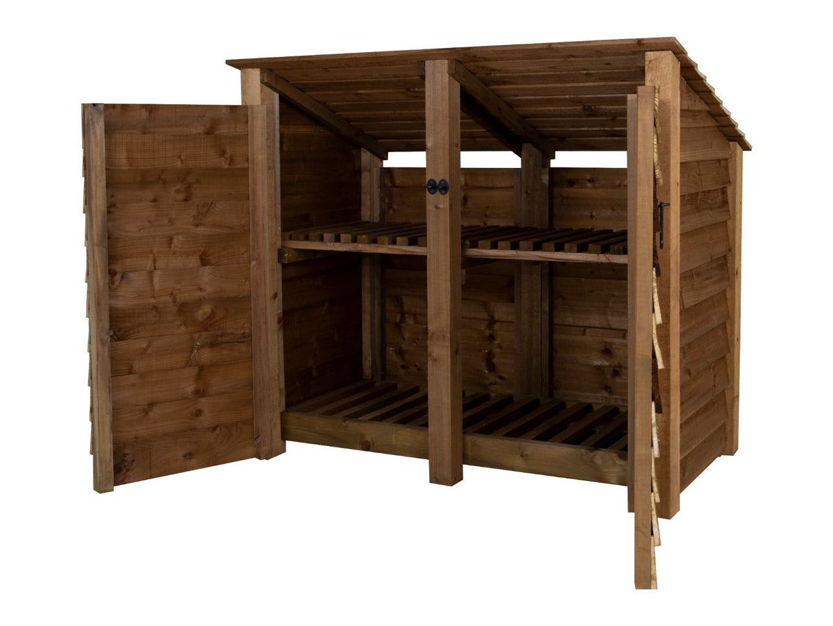 Wooden Log Store (Roof Sloping Back) with Door and Shelf W-146cm, H-126cm or 180cm, D-88cm - Brown Finish - SGP Garden Ltd