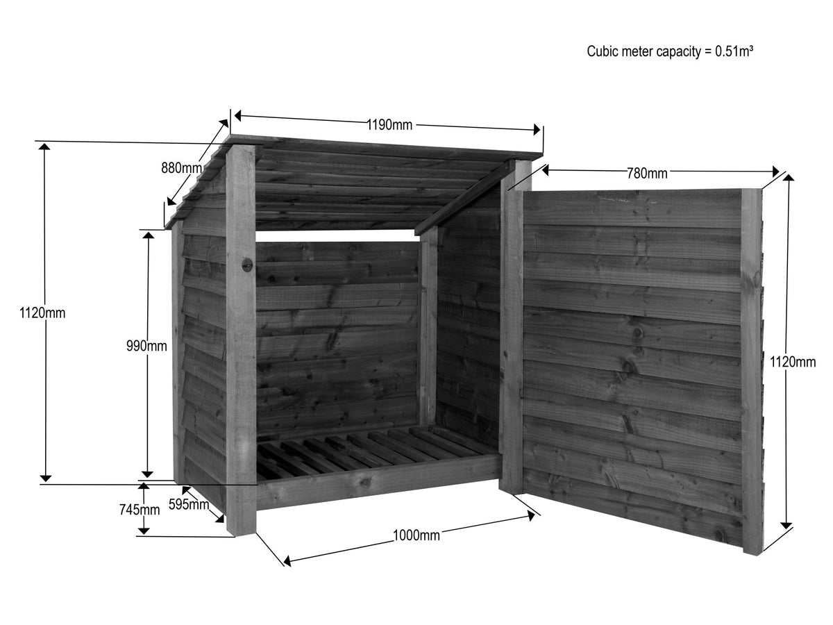 Wooden Log Store (Roof Sloping Back) with Door W-119cm, H-126cm Or 180cm, D-88cm - SGP Garden Ltd