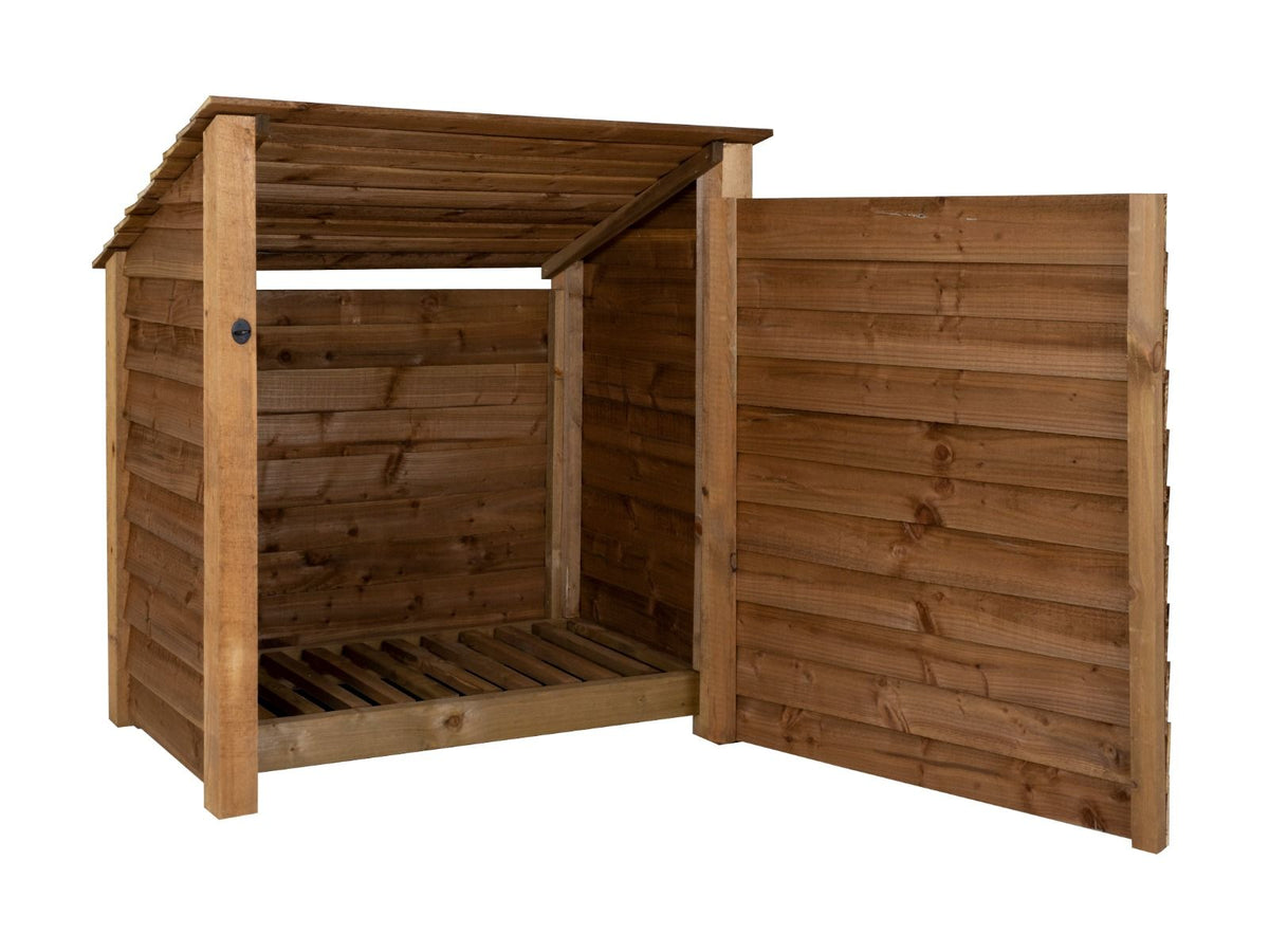 Wooden Log Store (Roof Sloping Back) with Door W-119cm, H-126cm or 180cm, D-88cm - Brown Finish - SGP Garden Ltd