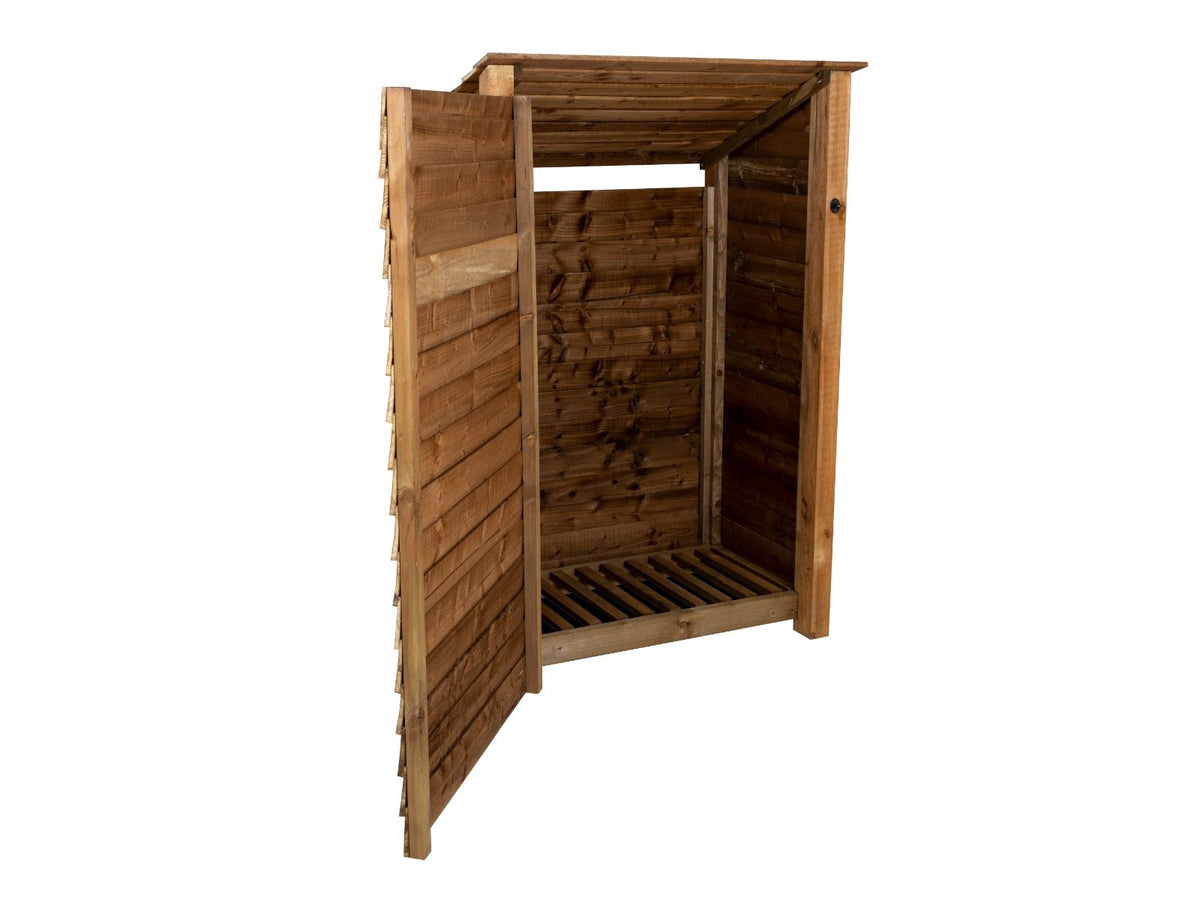 Wooden Log Store (Roof Sloping Back) with Door W-119cm, H-126cm or 180cm, D-88cm - Brown Finish - SGP Garden Ltd