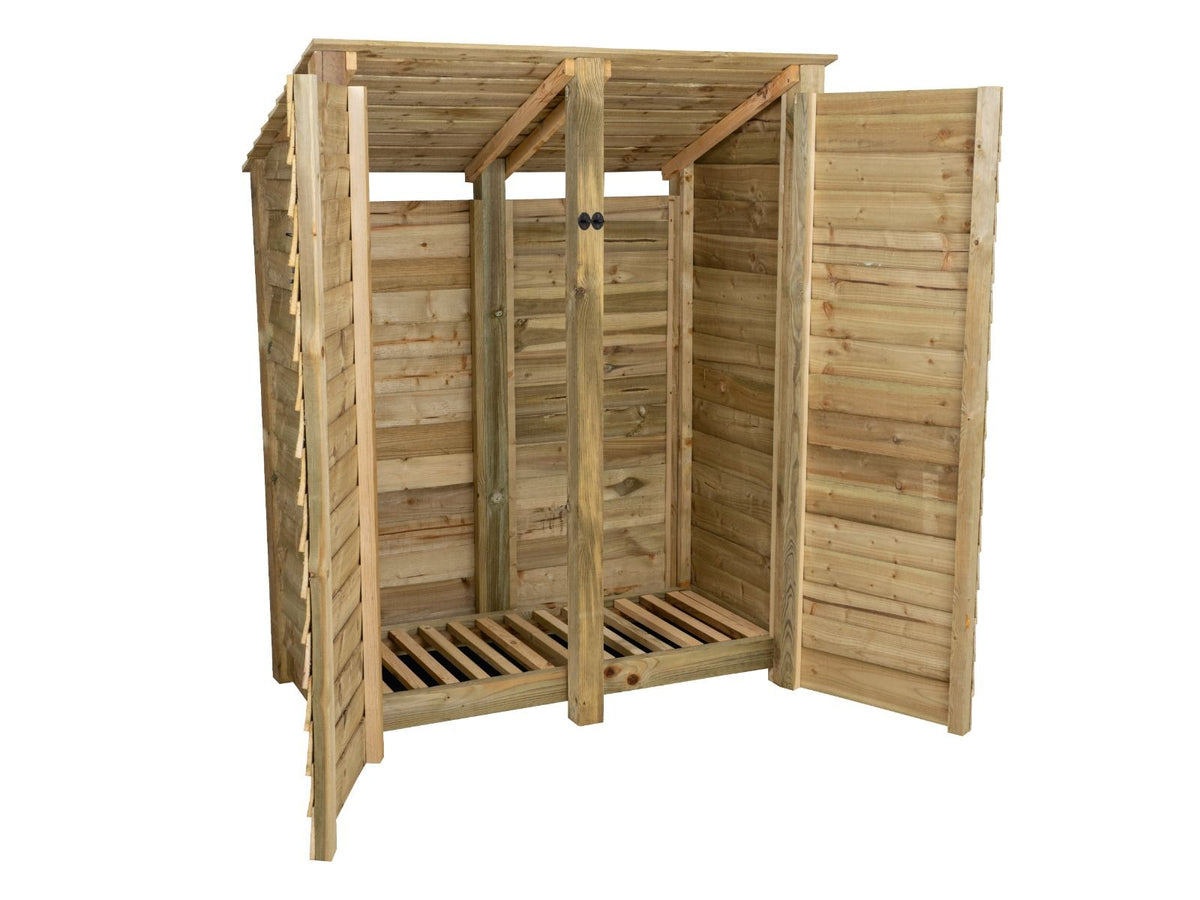 Wooden Log Store (Roof Sloping Back) with Door W-146cm, H-126cm or 180cm, D-88cm - SGP Garden Ltd