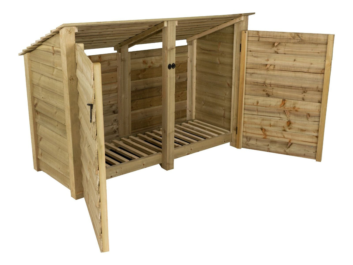 Wooden Log Store (Roof Sloping Back) with Door W-146cm, H-126cm or 180cm, D-88cm - SGP Garden Ltd