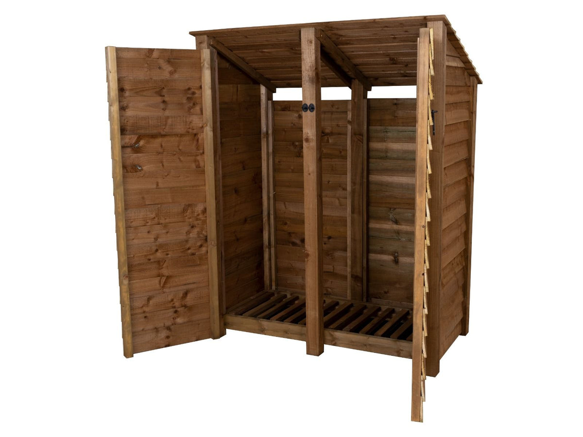 Wooden Log Store (Roof Sloping Back) with Door W-146cm, H-126cm or 180cm, D-88cm - Brown Finish - SGP Garden Ltd