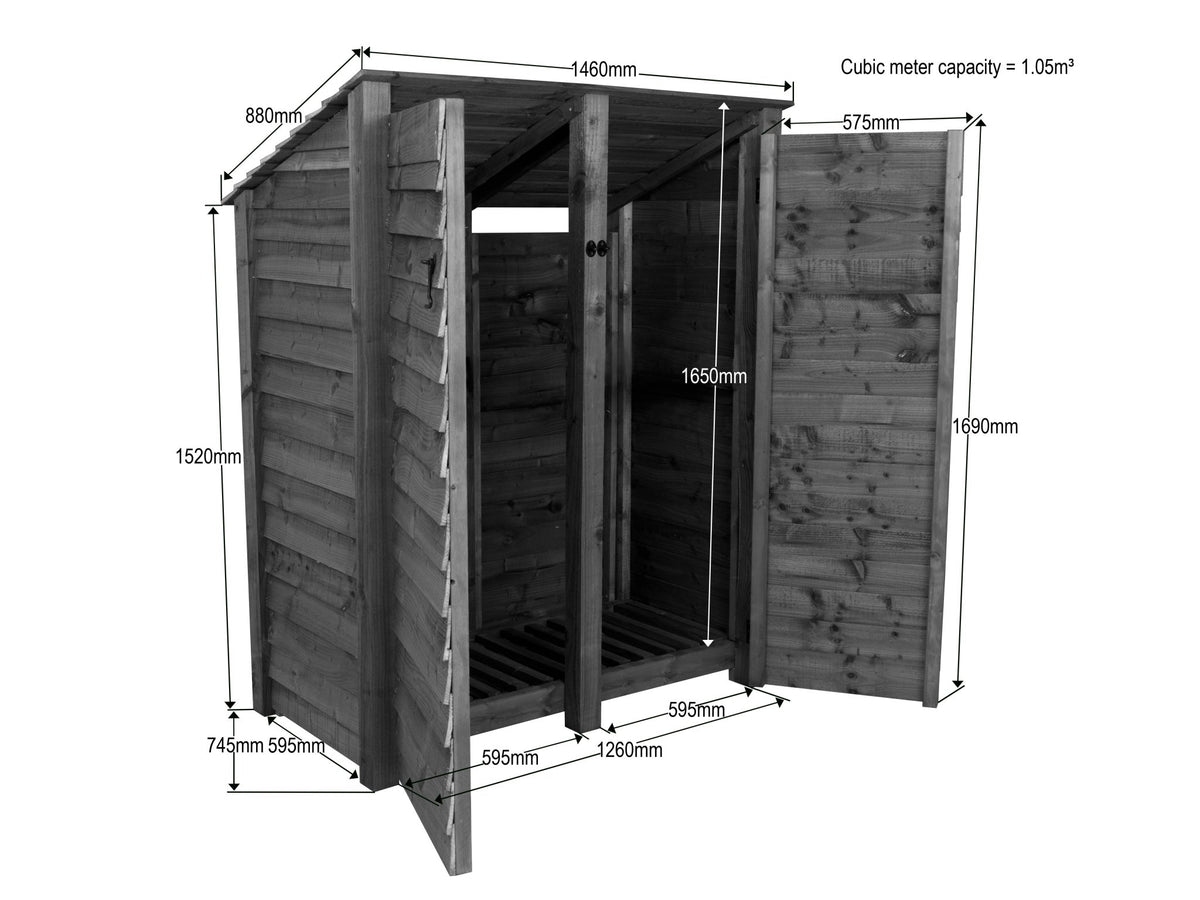 Wooden Log Store (Roof Sloping Back) with Door W-146cm, H-126cm or 180cm, D-88cm - Brown Finish - SGP Garden Ltd