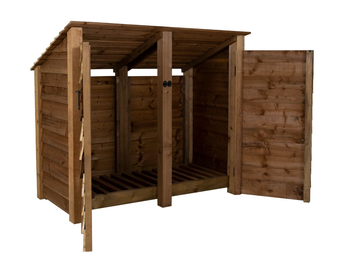 Wooden Log Store (Roof Sloping Back) with Door W-146cm, H-126cm or 180cm, D-88cm - Brown Finish - SGP Garden Ltd