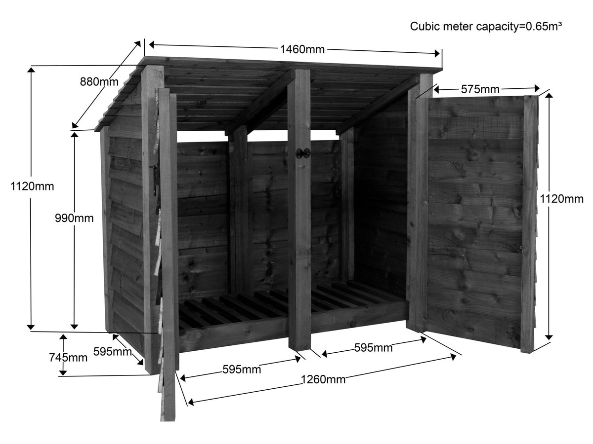 Wooden Log Store (Roof Sloping Back) with Door W-146cm, H-126cm or 180cm, D-88cm - Brown Finish - SGP Garden Ltd