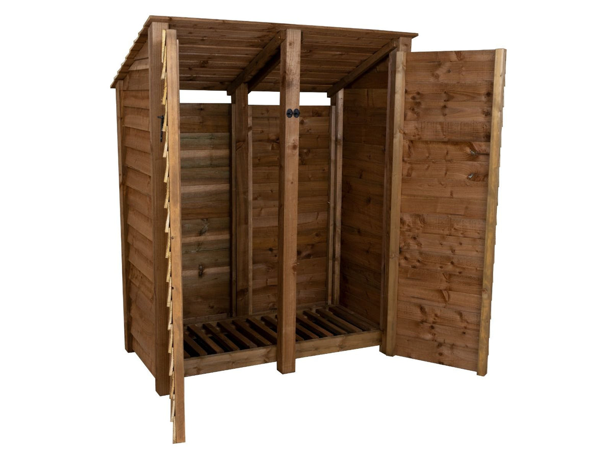 Wooden Log Store (Roof Sloping Back) with Door W-146cm, H-126cm or 180cm, D-88cm - Brown Finish - SGP Garden Ltd