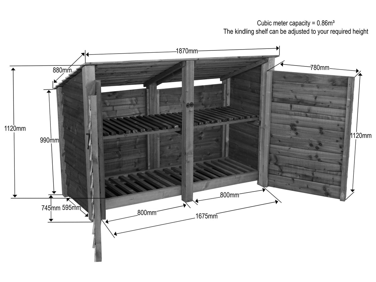 Wooden Log Store (Roof Sloping Back) with Doors and Shelf W-187cm, H-126cm or 180cm, D-88cm - SGP Garden Ltd