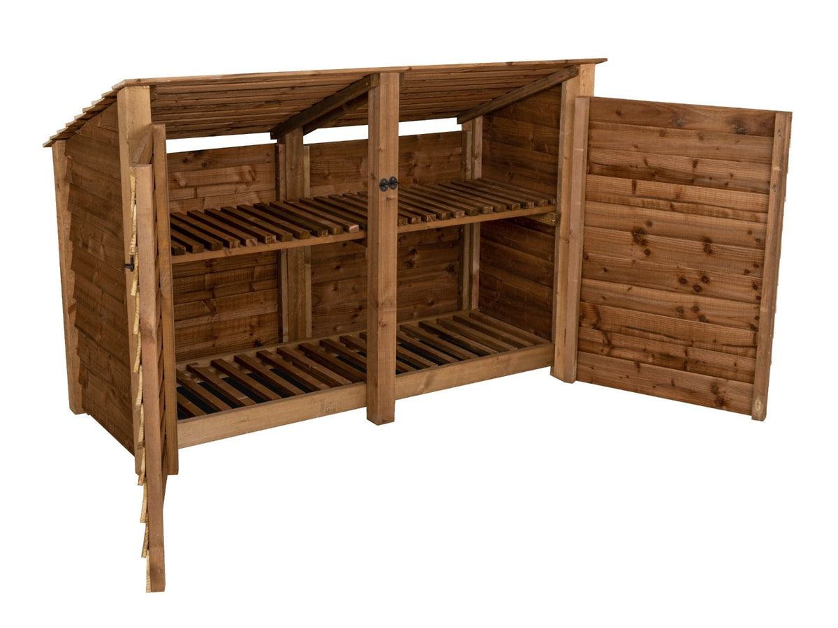 Wooden Log Store (Roof Sloping Back) with Doors and Shelf W-187cm, H-126cm or 180cm, D-88cm - Brown Finish - SGP Garden Ltd