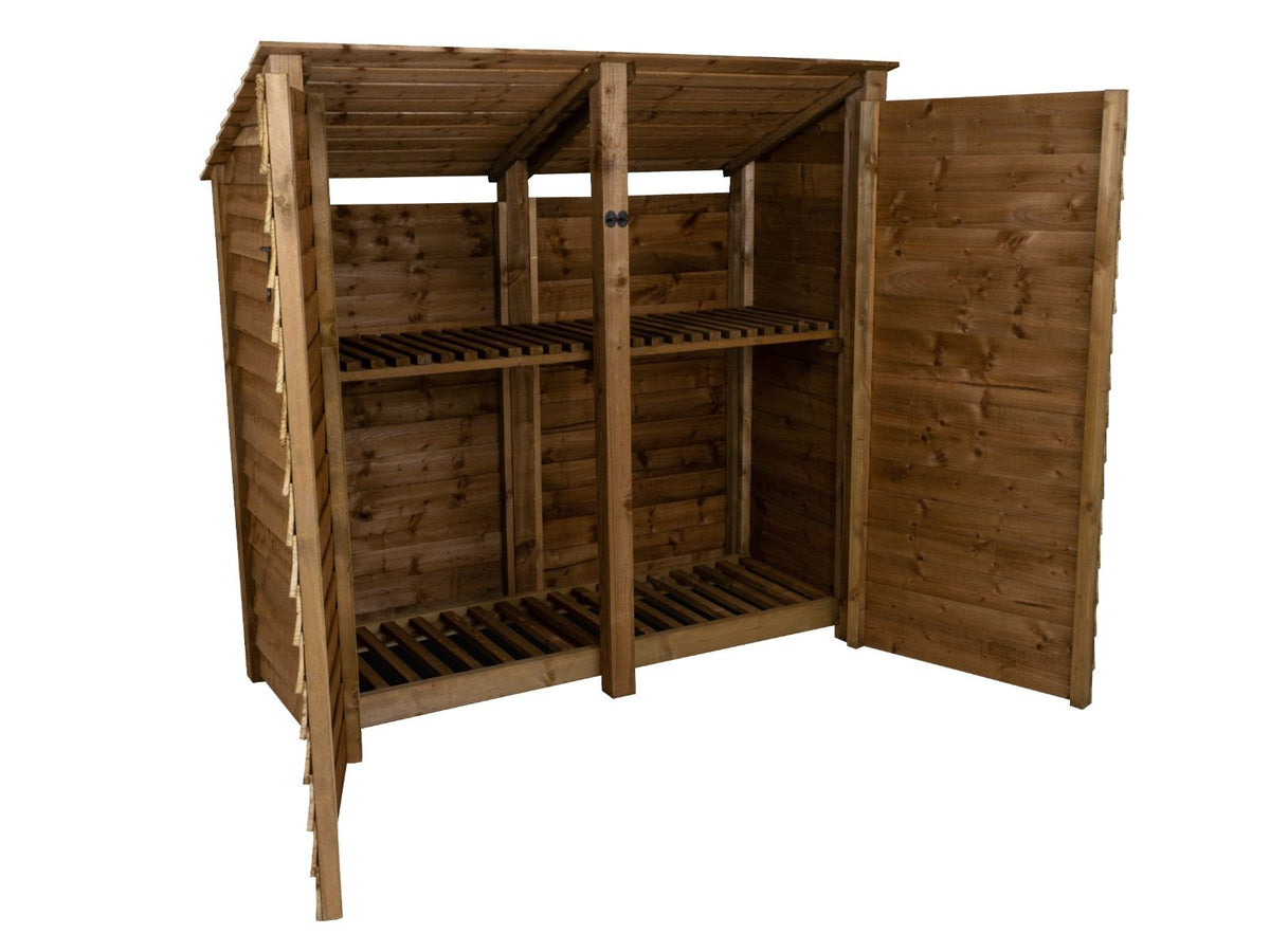 Wooden Log Store (Roof Sloping Back) with Doors and Shelf W-187cm, H-126cm or 180cm, D-88cm - Brown Finish - SGP Garden Ltd