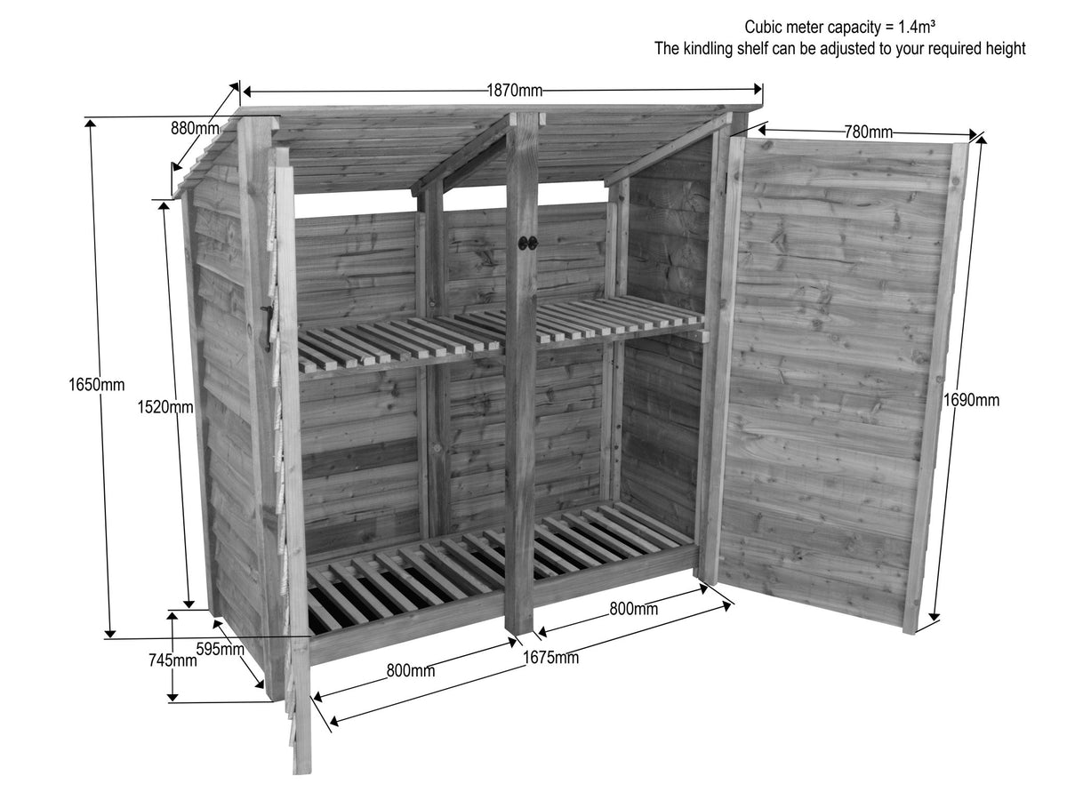 Wooden Log Store (Roof Sloping Back) with Doors and Shelf W-187cm, H-126cm or 180cm, D-88cm - Brown Finish - SGP Garden Ltd