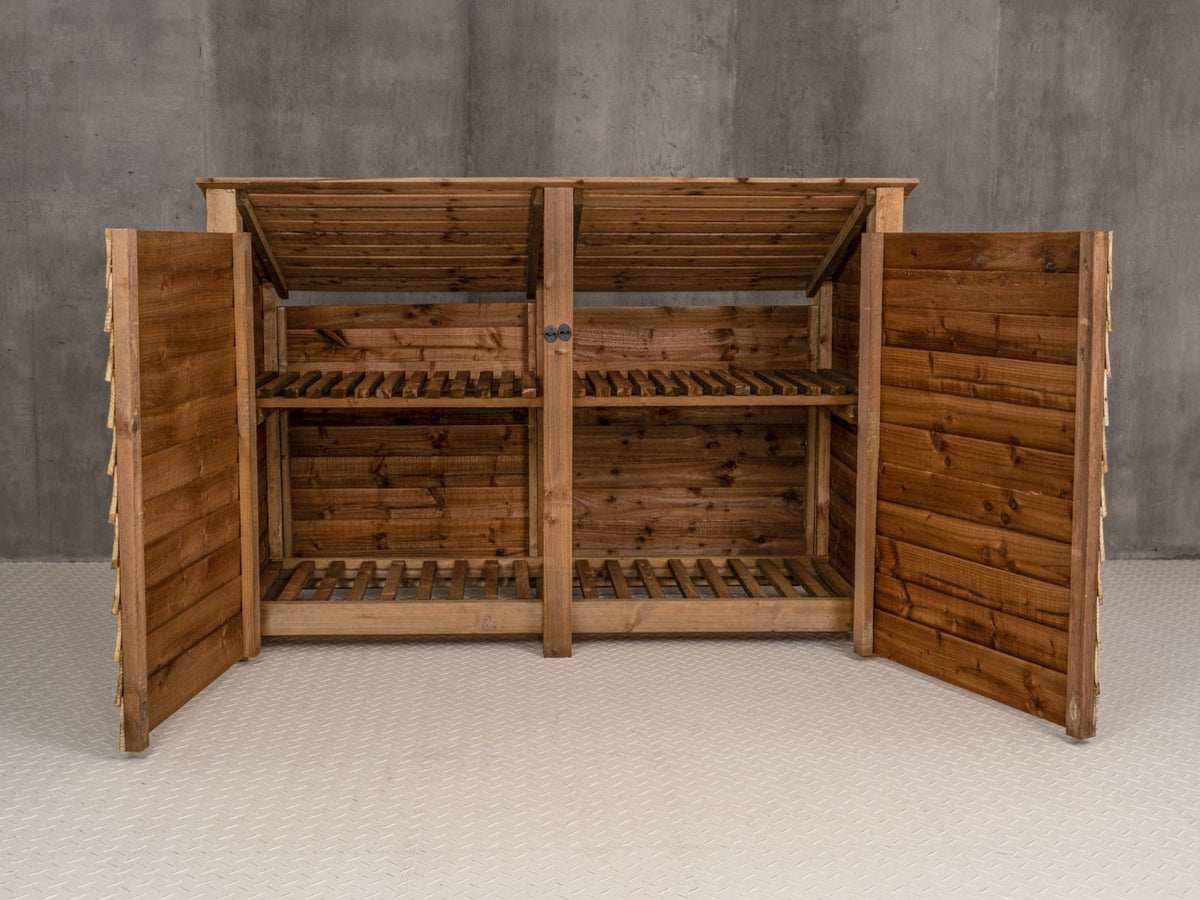 Wooden Log Store (Roof Sloping Back) with Doors and Shelf W-187cm, H-126cm or 180cm, D-88cm - Brown Finish - SGP Garden Ltd