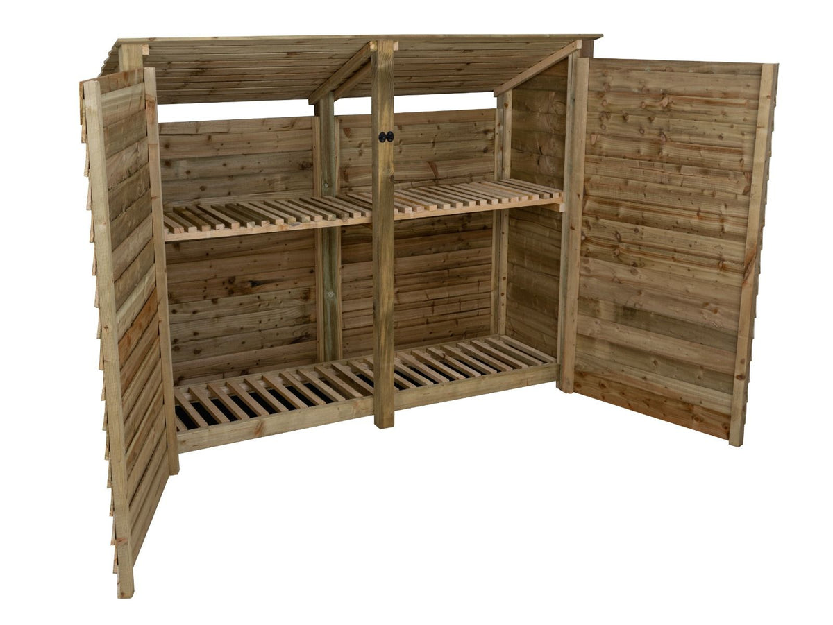 Wooden Log Store (Roof Sloping Back) with Doors and Shelf W-227cm, H-126cm or 180cm, D-88cm - SGP Garden Ltd