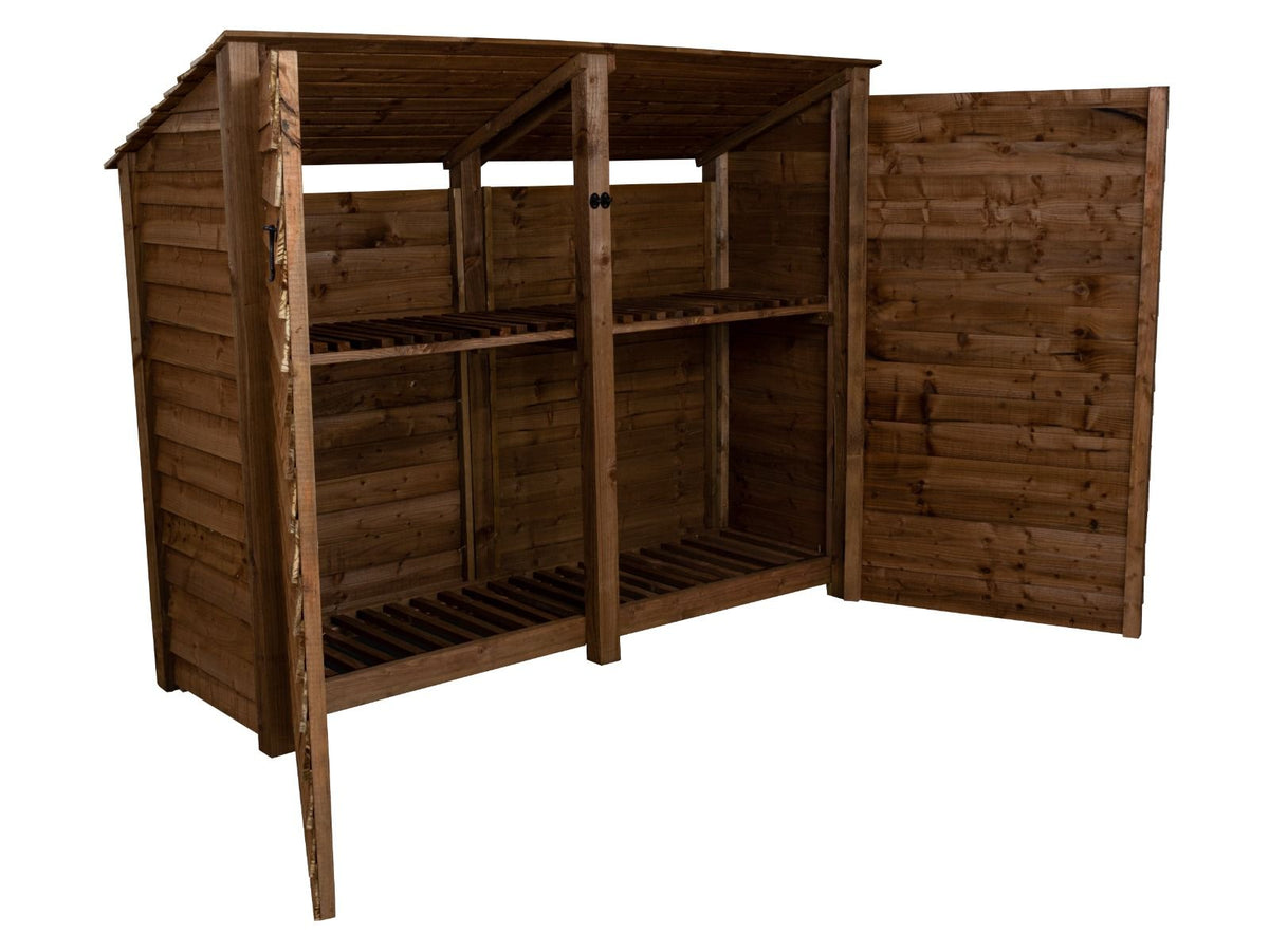 Wooden Log Store (Roof Sloping Back) with Doors and Shelf W-227cm, H-126cm or 180cm, D-88cm - Brown Finish - SGP Garden Ltd